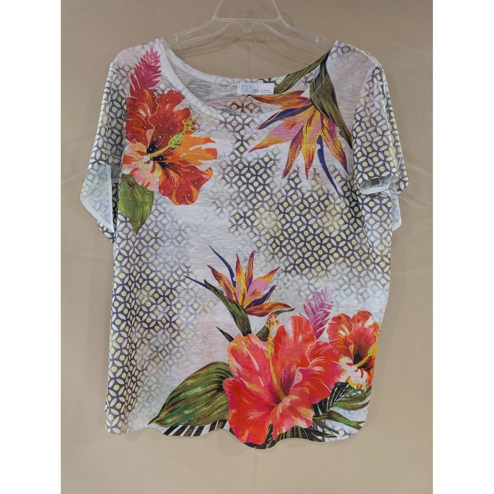 TIME AND TRU Women's XL Floral Tropical Blouse‎ Short Sleeve Lightweight Tee